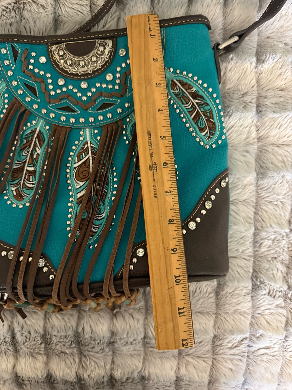 Teal and Brow Fringe purse with Studded Detail - Picture 4 of 7